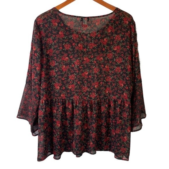Torrid Dark Floral Print Chiffon Lace Inset Blouse Flare Sleeve Ruffle Tie Neck - Picture 10 of 16